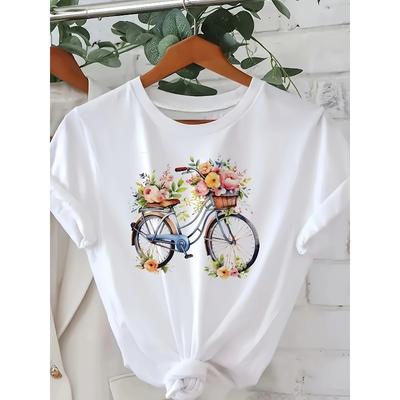 European Size Summer Women'S T-Shirt with Bicycle Floral Print, Stylish, Comfortable, And Breathable