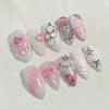 10 Pcs Y2K Pink White Handmade Short Almond Press On Nails With 3D Bow Heart Rhinestone Reusable Acrylic False Nails