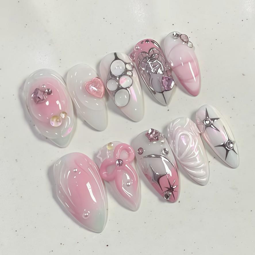 10 Pcs Y2K Pink White Handmade Short Almond Press On Nails With 3D Bow Heart Rhinestone Reusable Acrylic False Nails
