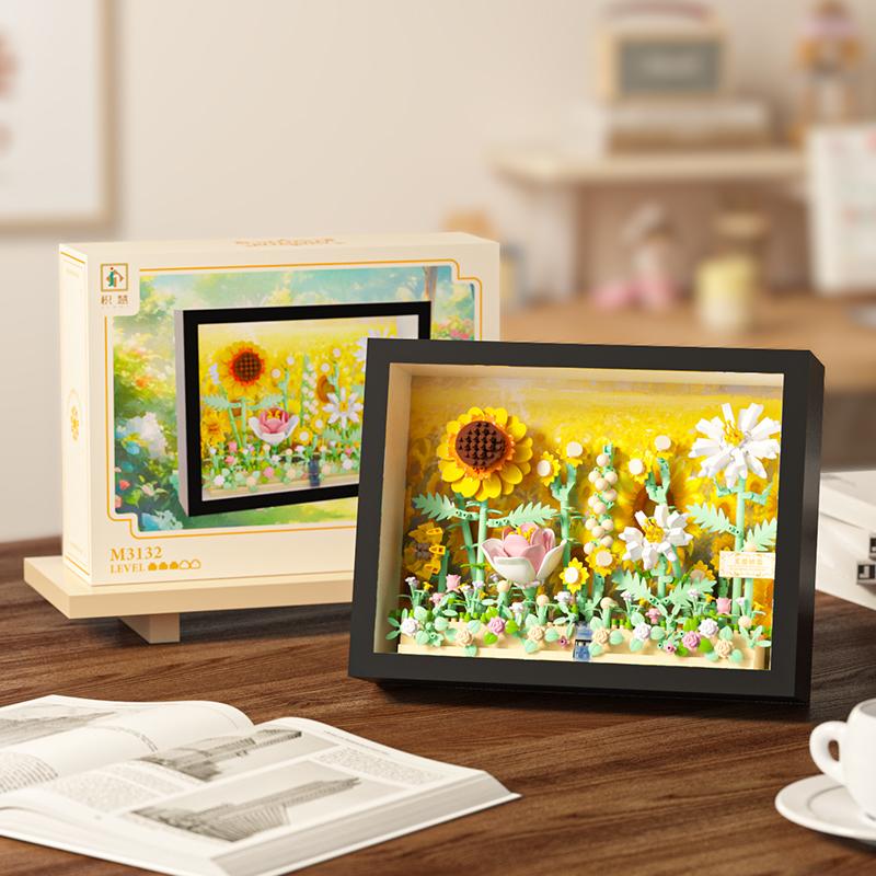 Creative MOC Assembled Building Block Toy Cherry Blossom, Rose, Sunflower, Santa Claus Flower Photo Frame Series Birthday Gift