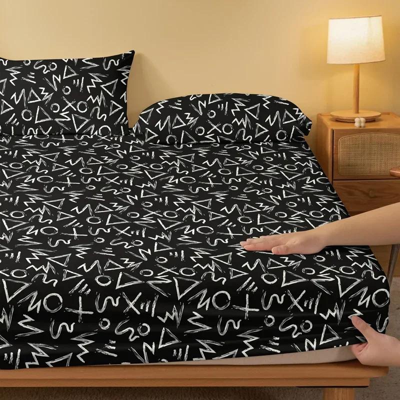 Black 1 Background Matte Bed Sheet With Random Patterns, Bedroom Printed Bed Cover, Bedding Excluding Pillowcases