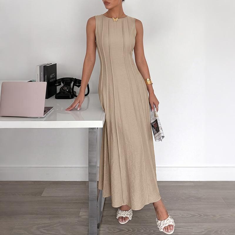 Women Sleeveless Round Neck Seam Detail Waist Cinch Maxi Dress Casual Summer Work Dress