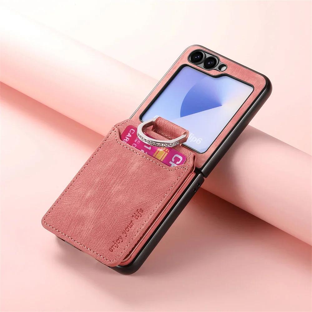 Retro Leather Wallet Phone Case with Ring Bracket for Samsung Galaxy Z Flip 7 Fe 6 5 4 3 Flip6 Flip5 Flip4 5G Cover Card Holder