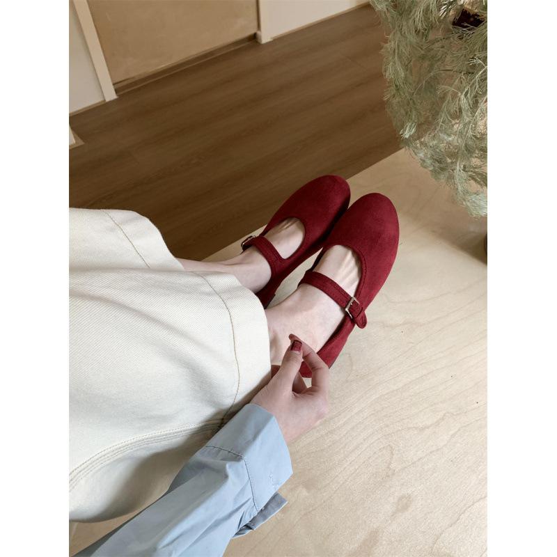 Round head light mouth shoes suede ballet single shoes early spring buckle belt Mary Jane flats ladyshoes