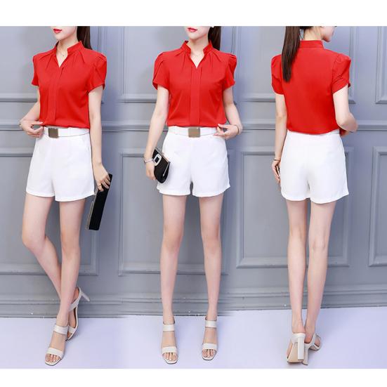 Sommer Chiffon Hemd V-Ausschnitt Blütenblatt Kurze Einfarbig Ärmel Pullover Tops Stehkragen Dünne Frauen Bluse