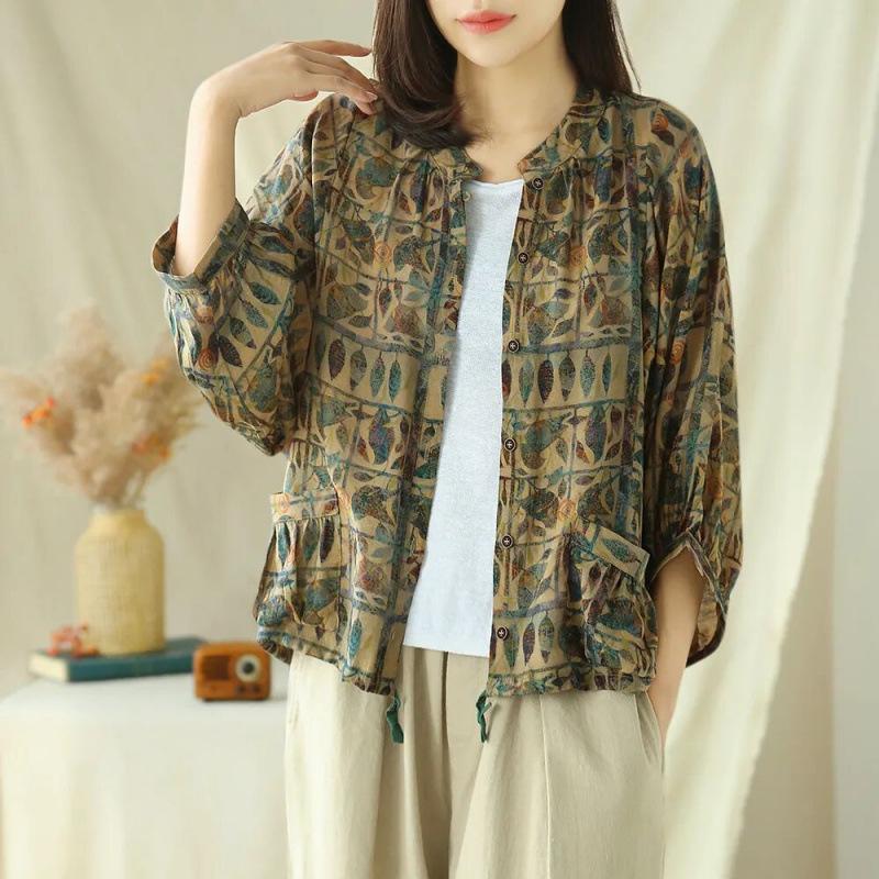 Spring Retro Printing Loose Cotton and Linen Stand-up Collar Nine-point Sleeve Shirt Women's Shirt Top