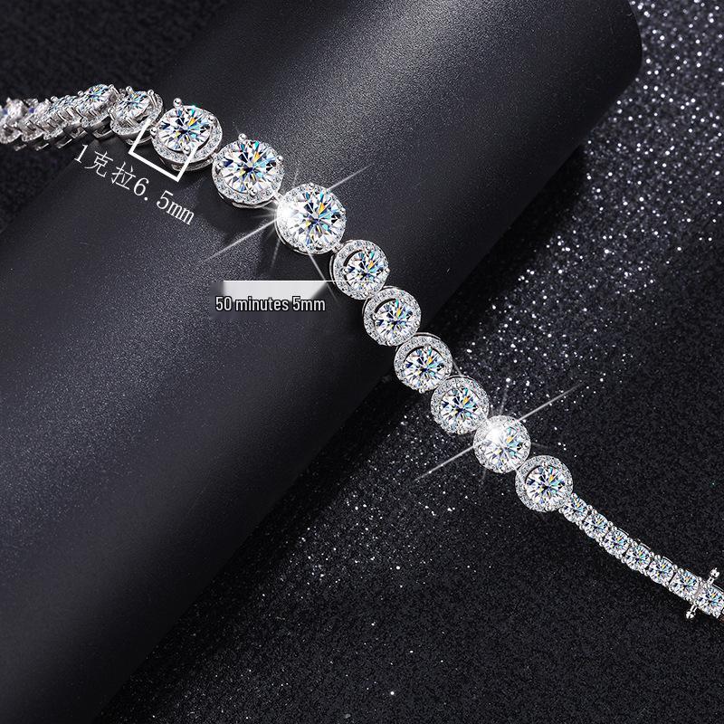 S925 Sterling Silver Moissanite Round Bracelet - Luxury Heavy Industry Style, Super Shiny High-End Women's Jewelry.