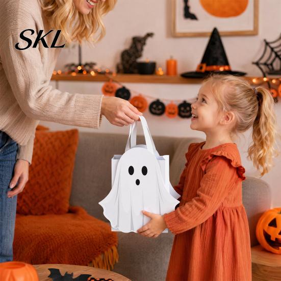 Ribbon Handle Bag Halloween Ghost Gift Bag, White Candy Pouch with Cute Face, Trick or Treat Favor for Party, Kids Goodie Prizes Holder