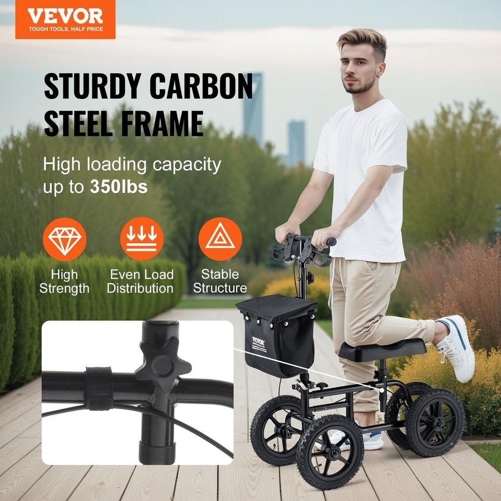 Folding Knee Scooter, Carbon Steel Steerable Knee Walker with Height-Adjustable Handlebar & Knee Pad, 12" All-Terrain Wheel, Dual Brakes, Leg Recovery