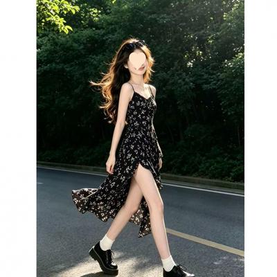 French Black Floral Suspender Dress Women's Summer New Holiday Irregular Long Dress