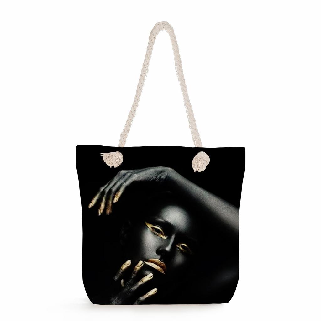 Multifunctional Cool Black People Printed Thick Rope Shoulder Beach Bag Casual Large Capacity Handbag 0114