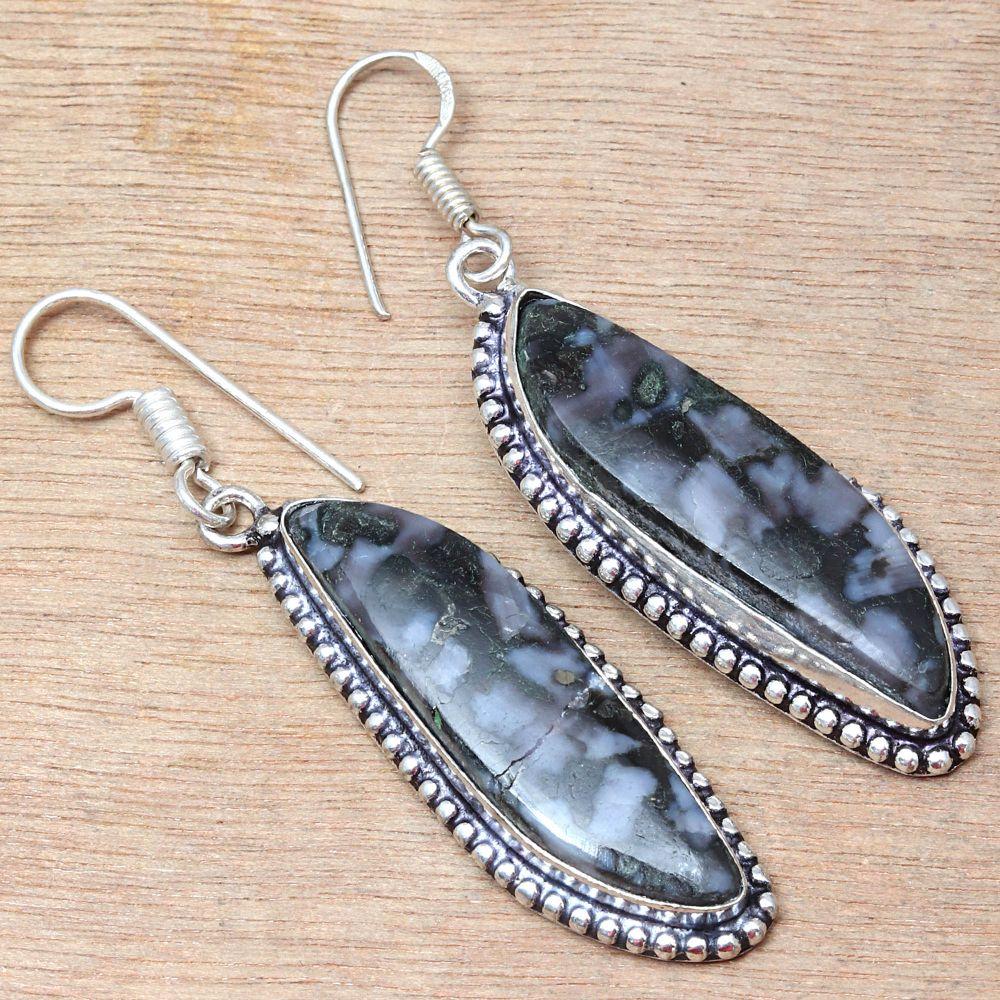 Larvikite Jasper Gemstone Handmade Silver Jewelry Earrings 1.5''