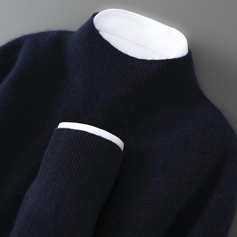 Men s 100% Wool Half-High Neck Solid Pullover Sweater, Casual Loose Knit Base Layer 3XL