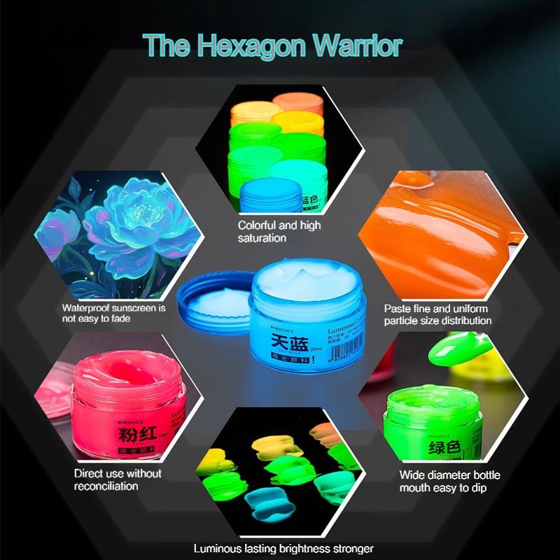 Borrence Glow In The Dark Acrylic Paint Set 20ml 8-Color Hand-Painted Graffiti DIY Fluorescent Pigment Luminous Paint Waterproof