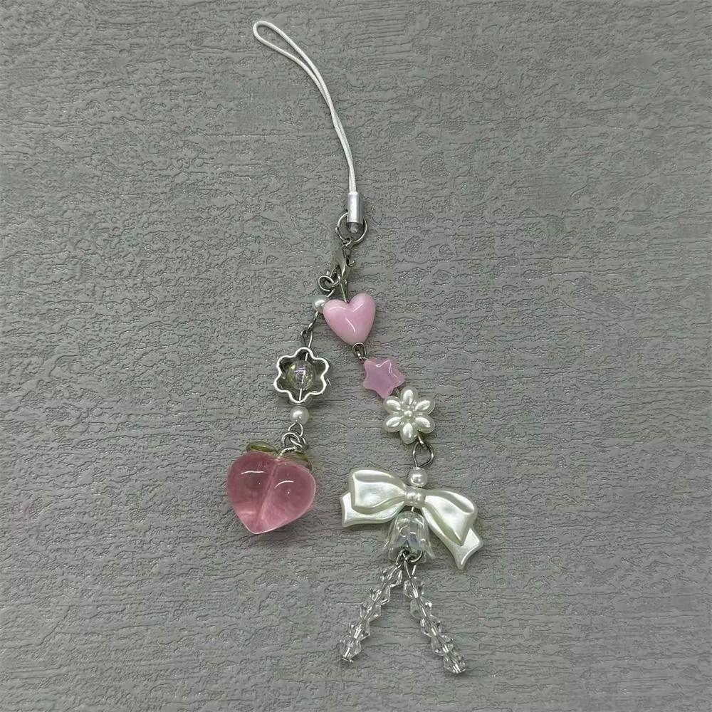 Trendy Pink Phone Charms Pendant Kawaii Cute Bowknot Bead Car Key Ring Handmade Y2K Peach Sweet Girl Keychain