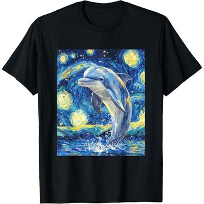 Uroczy Delfin - Styl Van Gogha - Graficzny T-shirt z Motywem Gwieździstej Nocy(1)