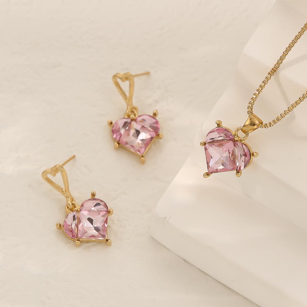 Elegant Box Chain Choker Pink Heart-shaped Pendant Necklace Earring Women's Daily Dating Zircon Ideal Valentine's Day Gift