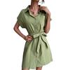 Spring and summer export casual simple versatile lace-up short-sleeved lapel cotton and linen shirt dress