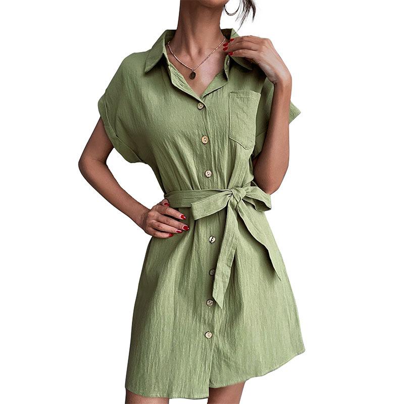 Spring and summer export casual simple versatile lace-up short-sleeved lapel cotton and linen shirt dress