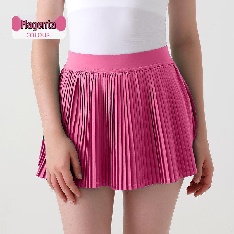Damen Tennisrock mit hohem Bund: Fake zweiteiliger plissierter Sport-Skort mit integrierten Shorts.