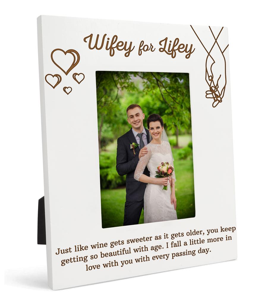 Darling Souvenir MADE WITH LOVE Personalized Wood Engraved Wedding Couple Picture Frame, Tabletop White Photo Frame (Wifey For Lifey)