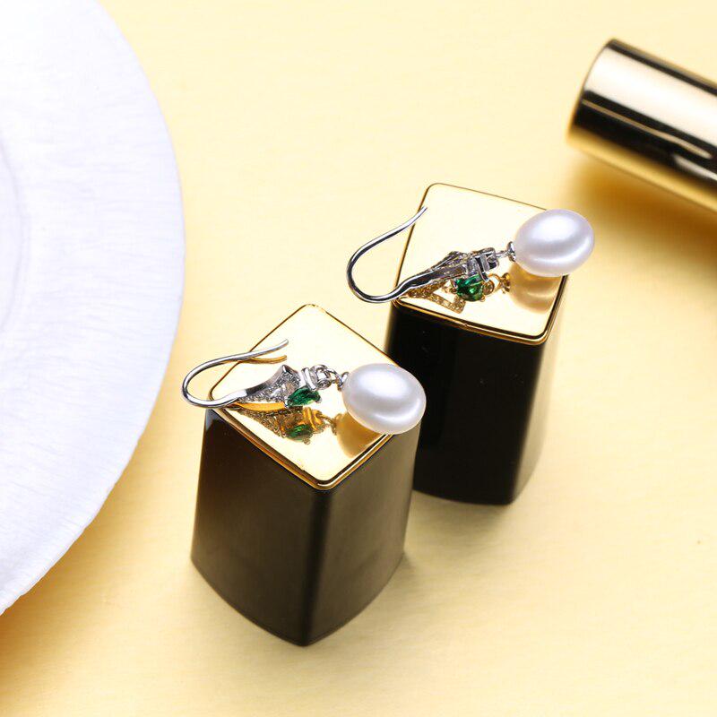 LSOOYH Green Crystal Freshwater Pearl Long Earrings Jewelry Sets Cubic Zirconia Leaf Necklace