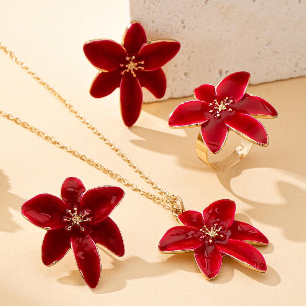 Set di Gioielli da Donna, Anello Fiore Rosso, Orecchini e Collana, Adatto per l'Uso Quotidiano e per le Vacanze