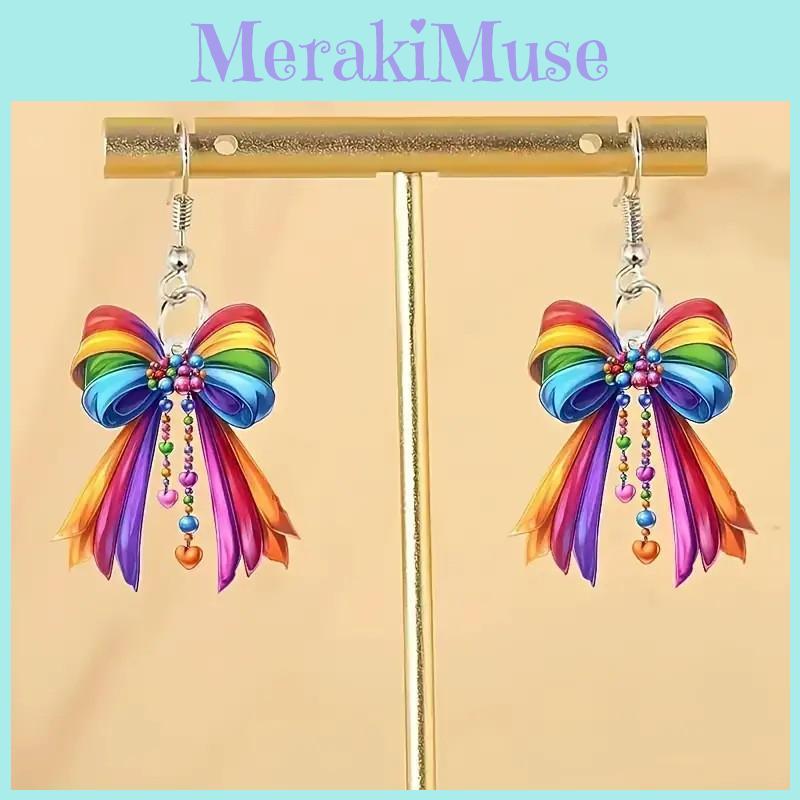 Creative Rainbow Bow Women Acrylic Earrings For Casual And Office Wearing