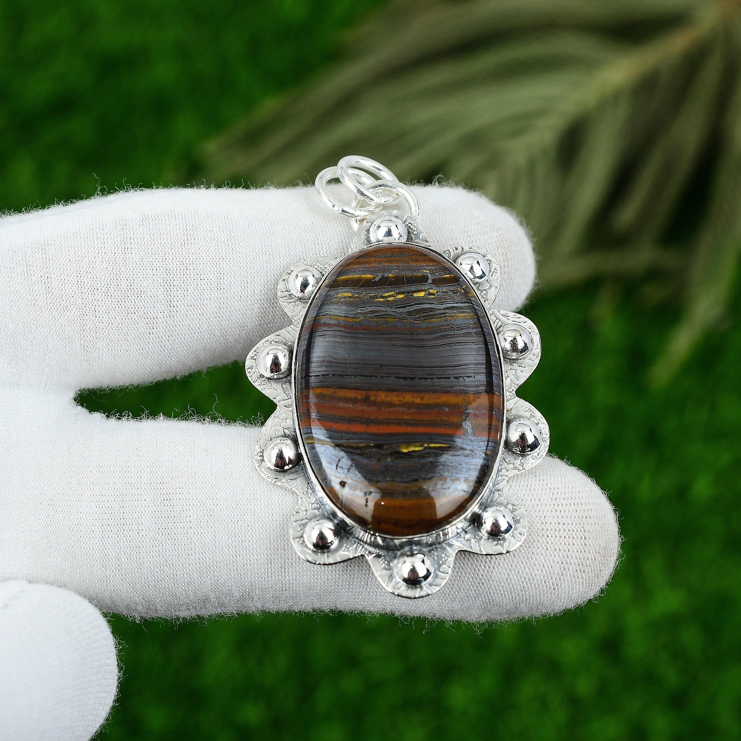 

Sterling Silver Oval Iron Tiger Eye Gemstone Engagement Wedding Pendant Jewelry