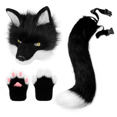 Halloween Party Plush Simulated Fox Tail Half-Face Mask and Animal Claw Glove Set Cos Props