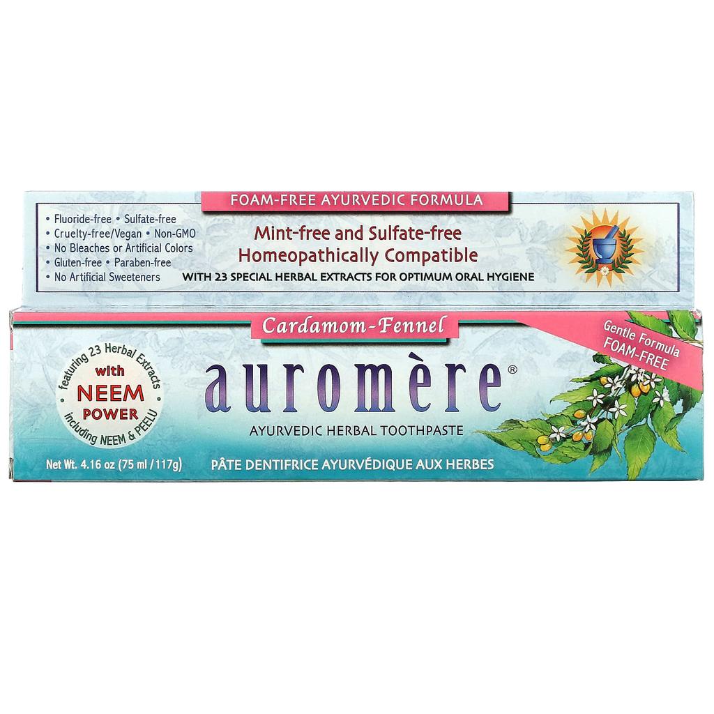 Auromere Pastă de dinți ayurvedică pe bază de plante, fără spumă, cu aromă de cardamom și fenicul, 4,16 oz (117 g)