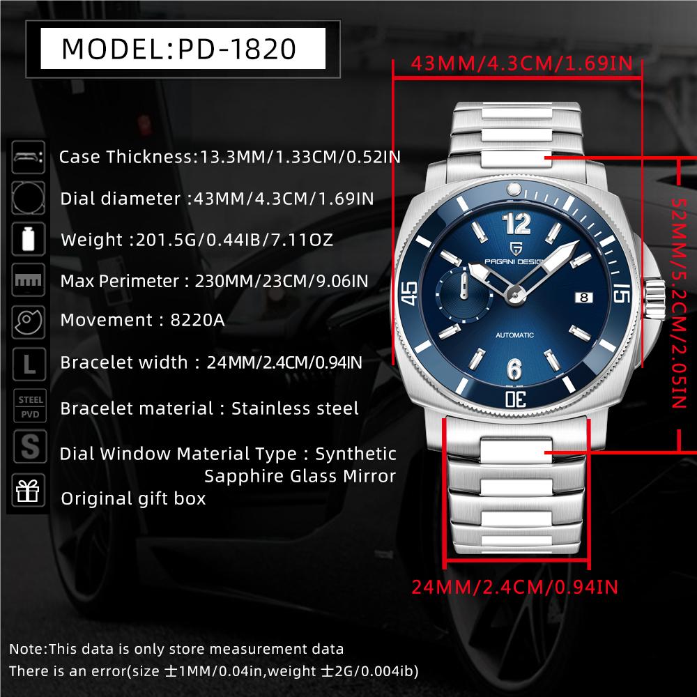 PAGANI DESIGN Nuovo Sport 1820 V2 Orologio Meccanico Automatico Luminoso Acciaio Inossidabile 100M Orologio Top Orologi da Business per Uomo