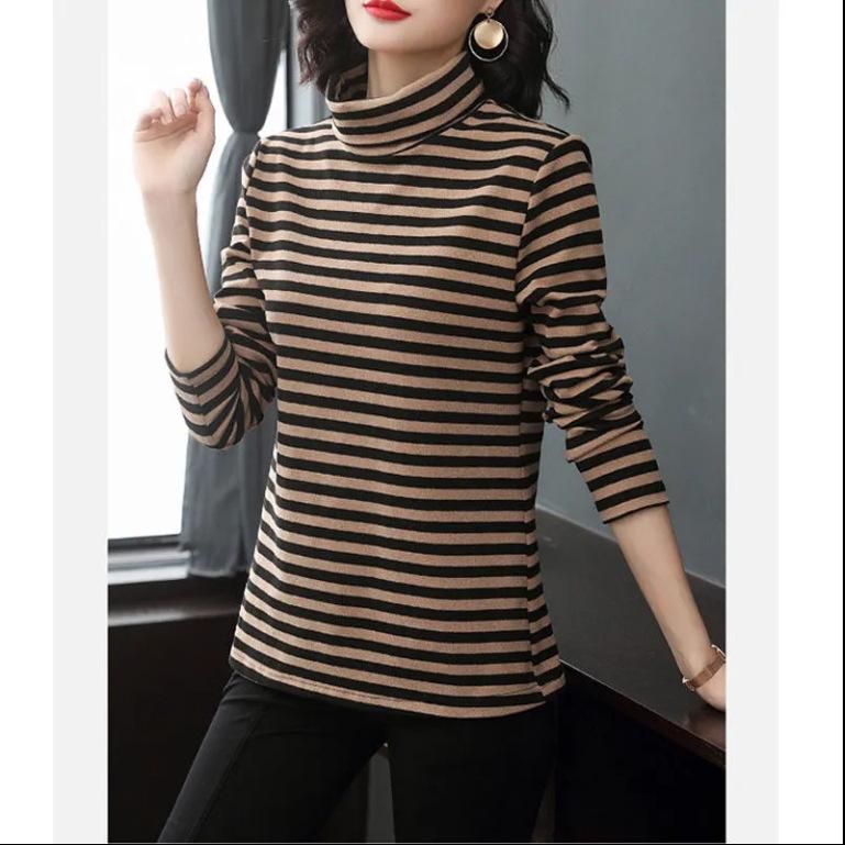 Dámský sametový top s dlouhým rukávem a pruhy, s vysokým límcem, nadměrná velikost, na podzim a zimu 2024
