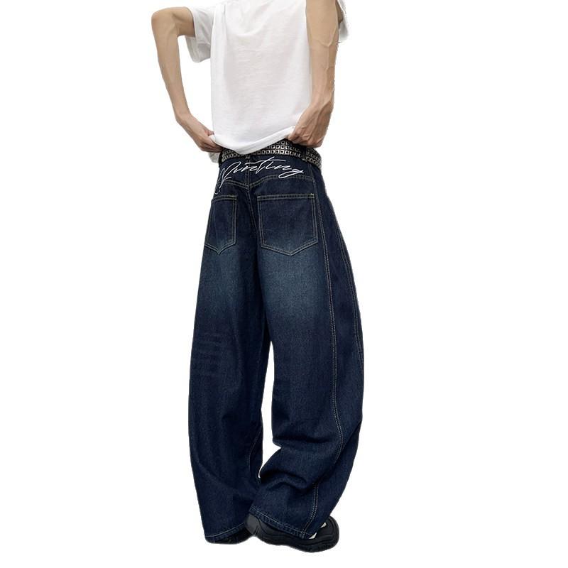 American retro scimitar jeans men's and women's trendy high street letter embroidery design sense loose wide-leg straight trousers