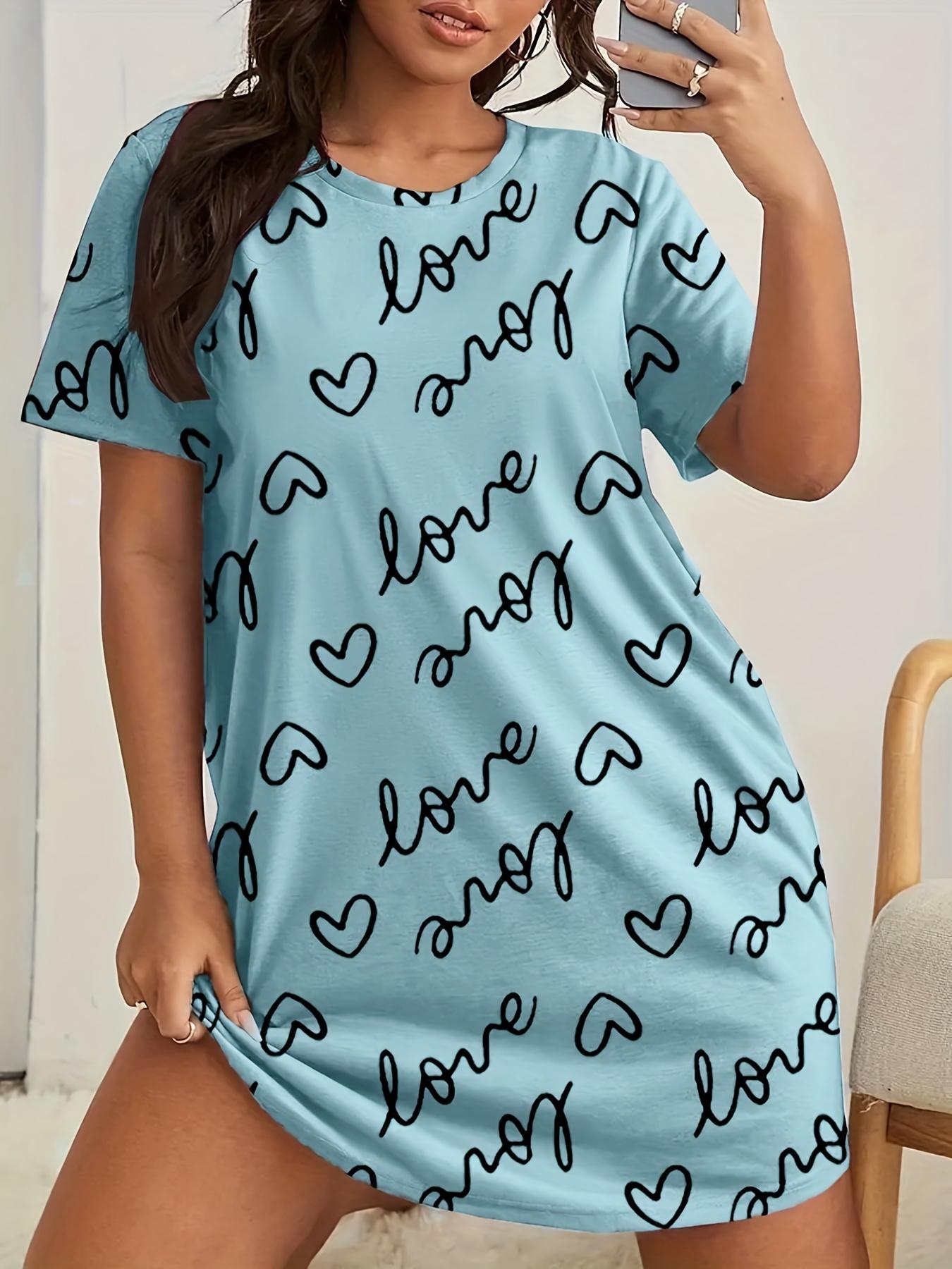 

Plus Size Love Print Short Sleeve Nightgown Women s Large Size Micro Stretch Casual Round Neck Loungewear Dresses S