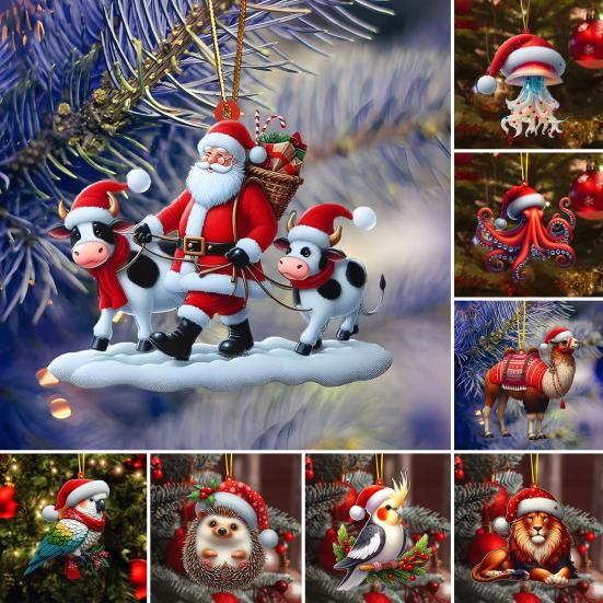 2D Acrylic Christmas Ornament Cute Flat Polar Bear/Octopus/Parrot Animal Car Rear View Mirror Charm Auto Interior Accessories for Window Wall