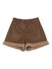 Petite Patchwork High Waist Leather Hot Pants with Furry Design for Autumn/Winter