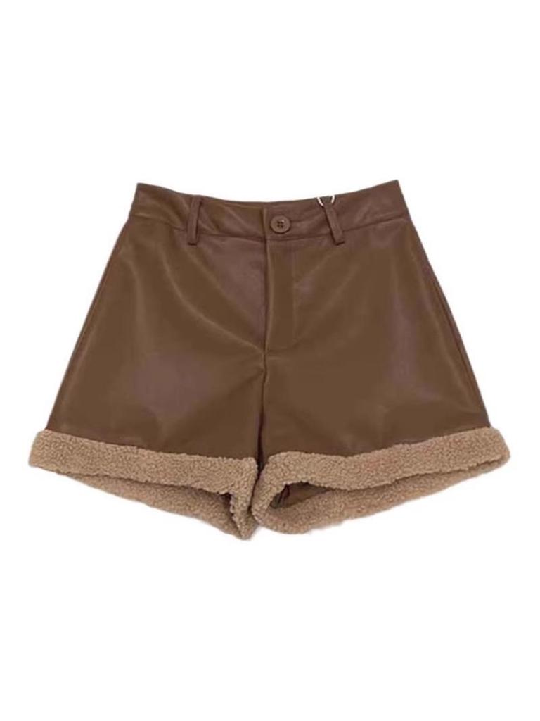 Petite Patchwork High Waist Leather Hot Pants with Furry Design for Autumn/Winter