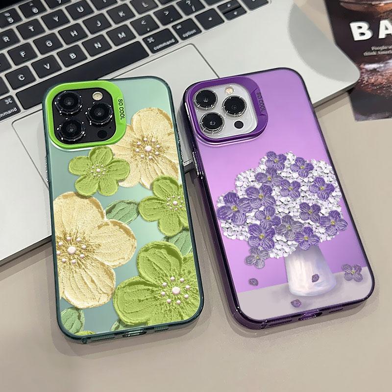Stylish Laser Phone Case For iPhone 14 15 16 Plus Pro Max 17 11 12 13 Mini Pro Max Oil Painting Flower Cute Floral Back Covers