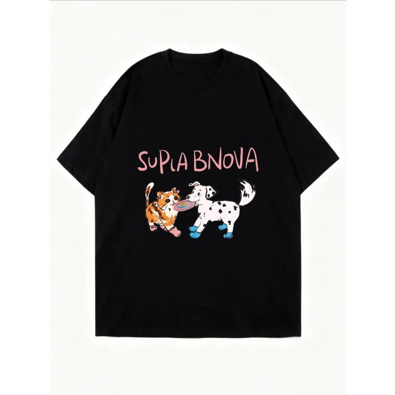 Oversized T Shirt White Cartoon Dogs And Text Supla Bnova Print Casual Wear For Women Summer Streetwear Fashion Top