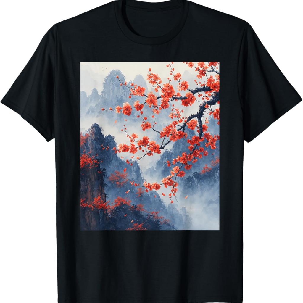 Vintage Cherry Blossom Woodblock Graphical Art T-Shirt(1)