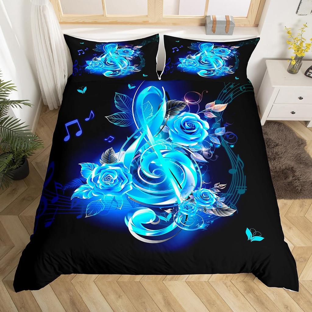 Musical Note Bedding Set Queen,Black White Comforter Cover Girls,Kids Piano Duvet Cover Set Music Theme Bedspread Cover