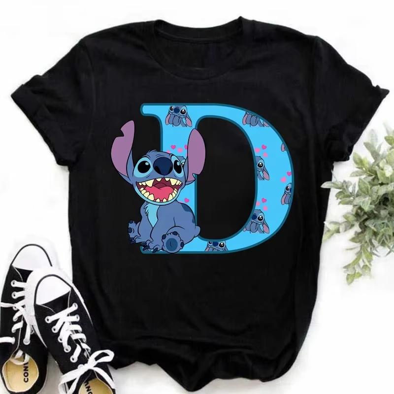T-shirt pour femme Alphabet A-Z Kawaii Dessin Animé Imprimé Manches Courtes T-shirt Femme Disney Été Décontracté Vêtements Dessin Animé T-shirt