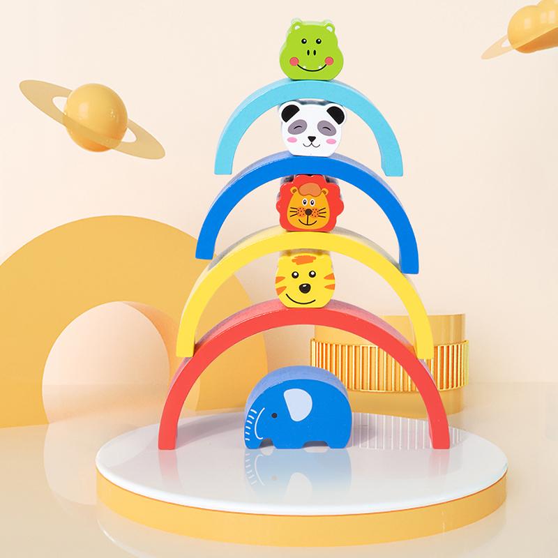 New Baby Wooden Building Block Rainbow Balance Puzzle Blocks Cute Animal Early Educational Montessori Toys Baby Teether Gifts