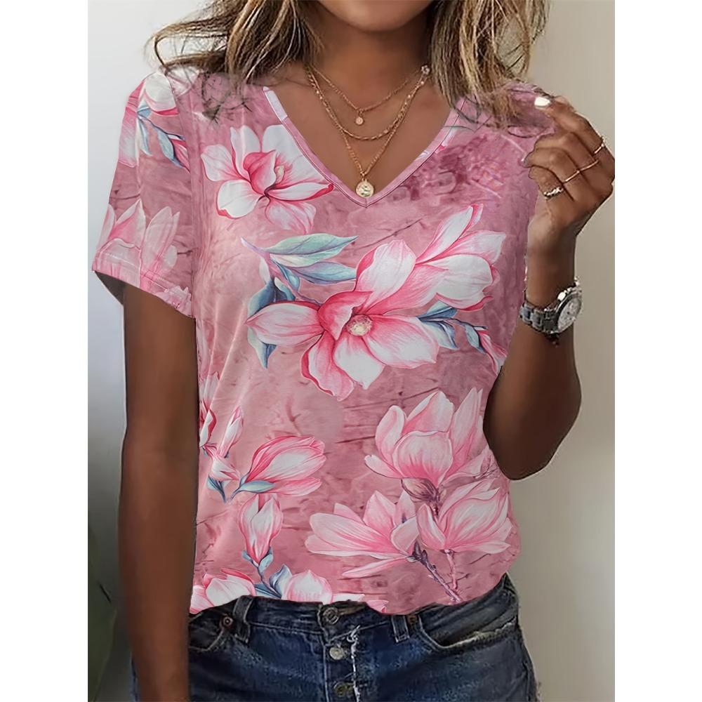 Summer Women's Fashion Blue Flower Printed V-neck T-shirt