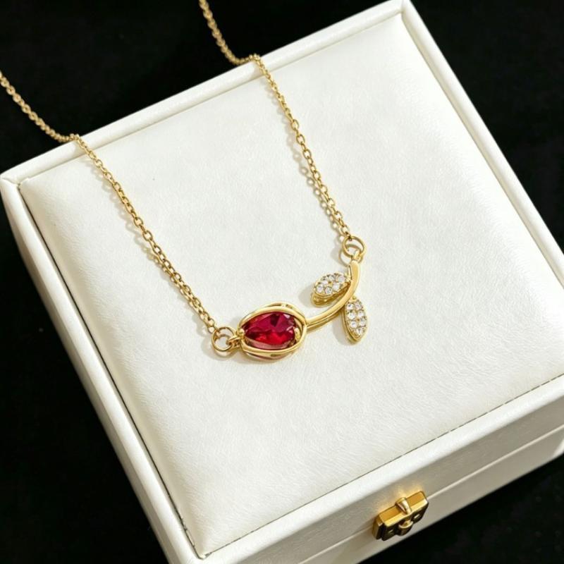 Elegant Stainless Steel Tulip Necklace Glittering Colorful Crystal Charm Jewelry for Women Engagement Event Wear