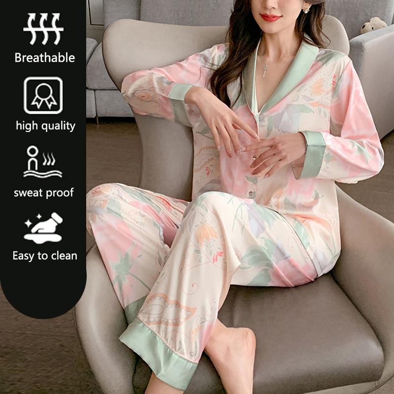 Pigiama Due Pezzi Donna Cardigan Abbigliamento Casa Fantasia Floreale Manica Lunga Lingerie Elegante Biancheria da Notte Sexy Donna Abbigliamento da Notte Ragazza