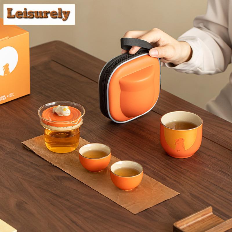 Creative Rabbit Flying Moon Tea Set Kit Japanese 1 Pot 3 Cups Glass Tea Maker Picnic Portable Travel Bags Tea Set Designer Gifts