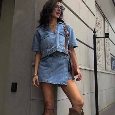 2-teiliges Denim-Outfit für Damen Kurzarm Revers V-Ausschnitt Crop-Top