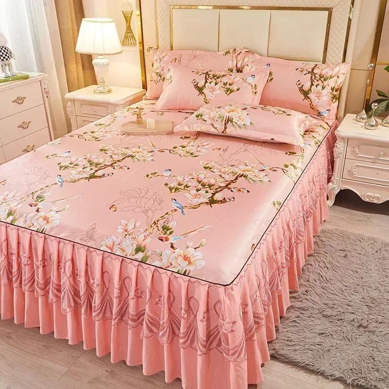 Korean Version Lace Solid Color Bed Skirt Three Piece Set, Skin Friendly Double-layer Bed Cover Non Slip Bed Cover Falda De Cama